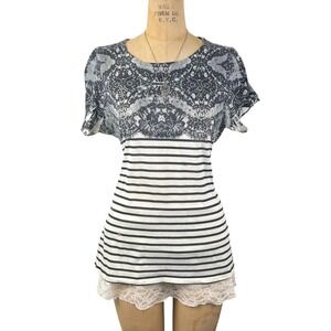 Dark Academia Striped Short Sleeve Top Lace Print Sz M Fairy Grunge Preppy Goth
